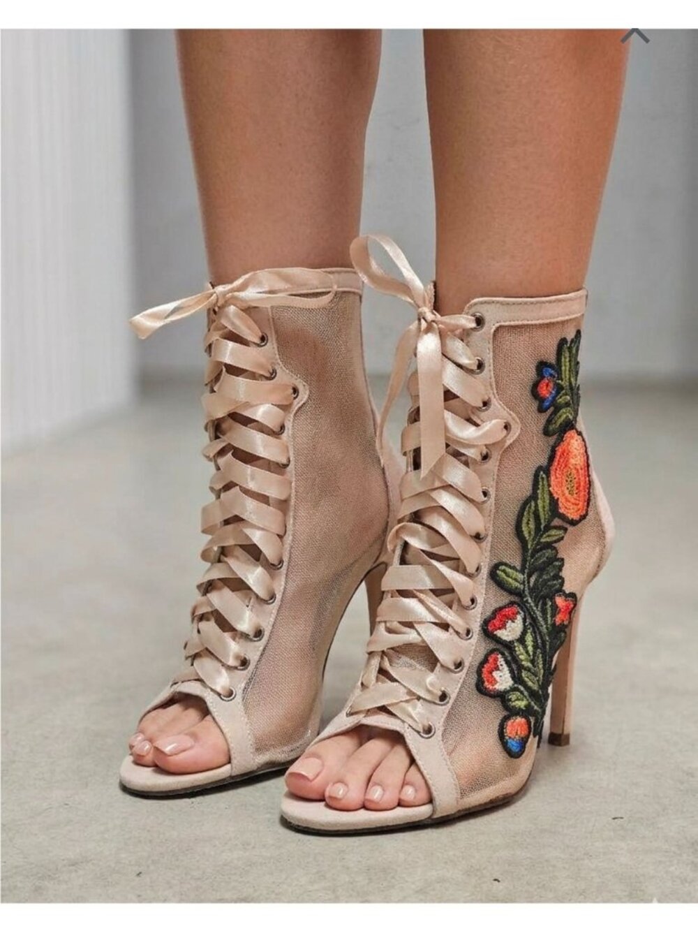 Floral Embroidered Mesh Lace-Up Stiletto Heels With Back Zipper - Picture 3 of 13